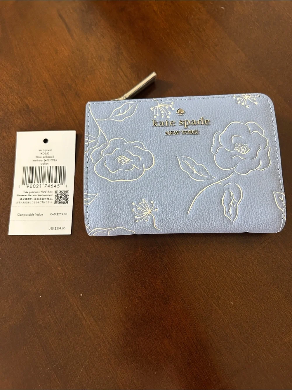 kate spade Floral Small L-zip Wallet in North Star Blue MSRP $209